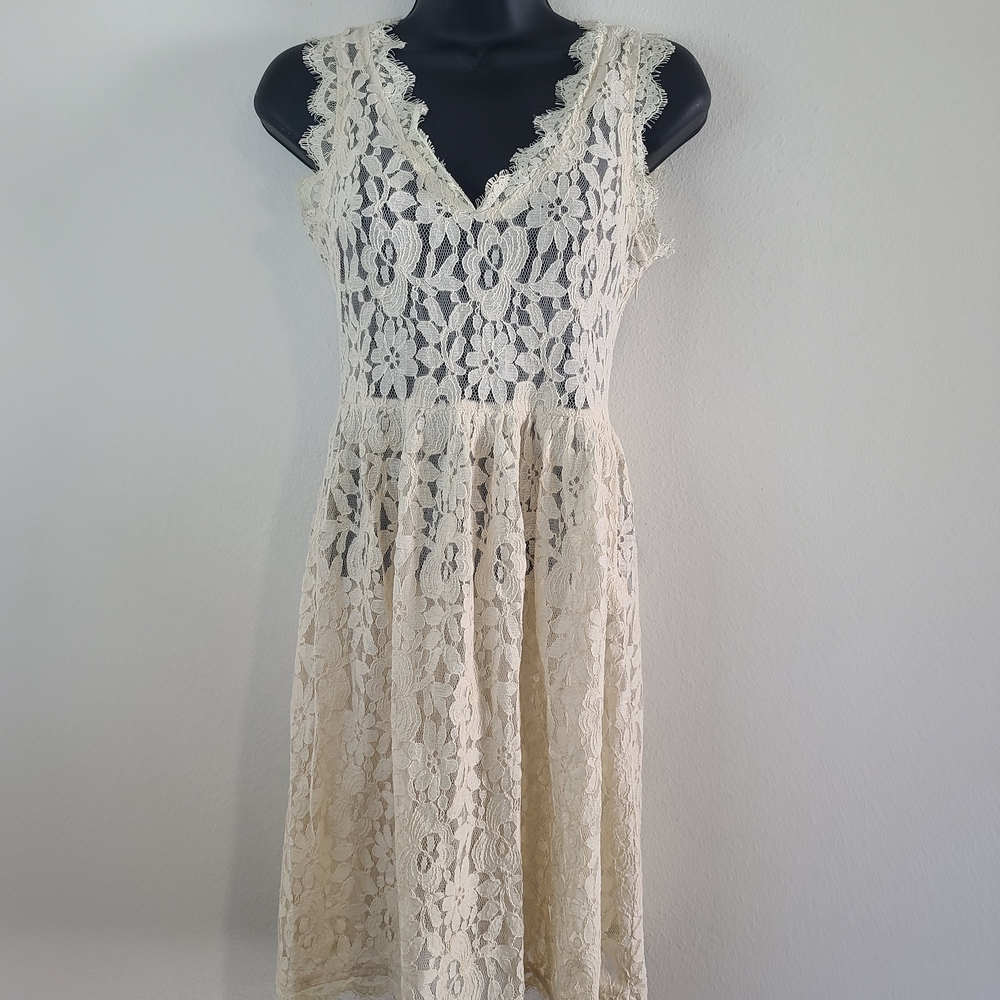Greylin Ivory  Size Xs Womens Sheer Anthropolgy Lace Midi Dress